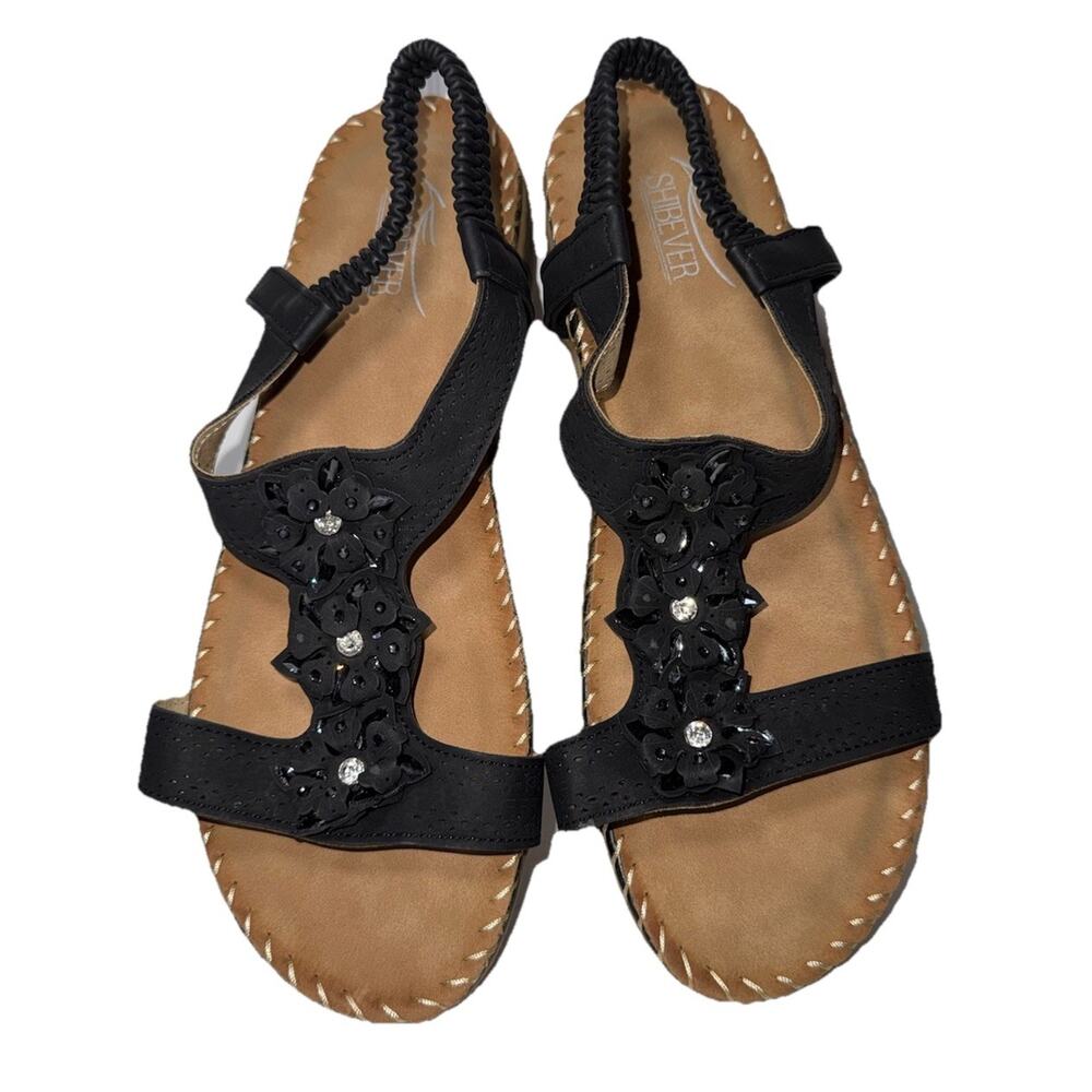 SHIBEVER Womens 9 Black Sandals Summer Boho Casual Flat Beaded Flower Rhinestone